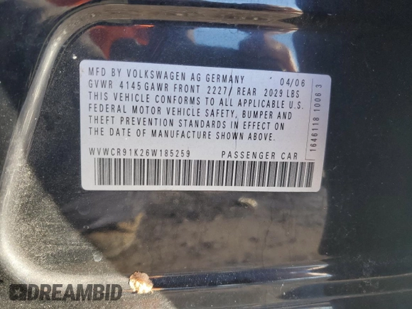 2006 Volkswagen Rabbit z VIN WVWCR91K26W185259, wystawiony jako Copart lot #88269725 z przebiegiem 96 508 mil mil oraz Czysty tytuł • Clean title. Historia ofert i sprzedaży dostępna na DreamBid. Obrazek 12.