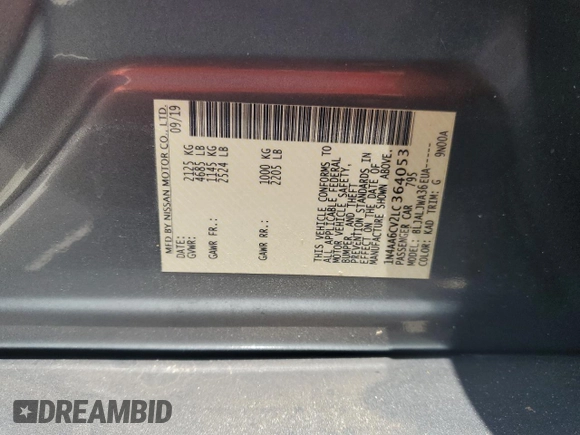 2020 Nissan Maxima SV with VIN 1N4AA6CV2LC364053, listed as a Copart auction lot 61956855 with 110,396 mi miles and Salvage title. Bid and sale history available at DreamBid. Image 12.