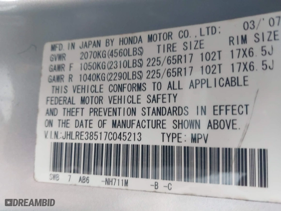 2007 Honda CR-V EX with VIN JHLRE38517C045213, listed as a IAAI auction lot 41811990 with 205,626 mi miles. Bid and sale history available at carsss.com. Image 9.