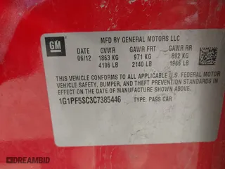 2012 Chevrolet Cruze LT w/1LT with VIN 1G1PF5SC3C7385446, listed as a IAAI auction lot 42019764 with 109,028 mi miles. Bid and sale history available at carsss.com. Image 9.