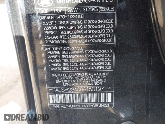 2008 Land Rover Range Rover Sport SC с VIN SALSH23408A150197, выставлен на аукционе IAAI как лот 42651281 с пробегом 118 204 миль миль и . История ставок и продаж доступна на DreamBid. Изображение 9.