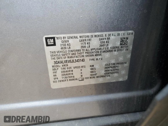 2018 GMC Terrain SLT with VIN 3GKALVEV6JL343143, listed as a Copart auction lot 47183625 with 91,544 mi miles and Salvage Title. Bid and sale history available at DreamBid. Image 13.
