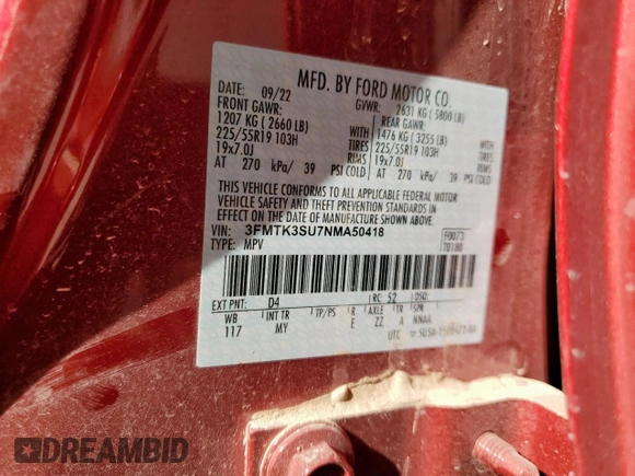 2022 Ford Mustang Mach-E Premium with VIN 3FMTK3SU7NMA50418, listed as a Copart auction lot 57988075 with 7,099 mi miles and Clean title. Bid and sale history available at DreamBid. Image 13.