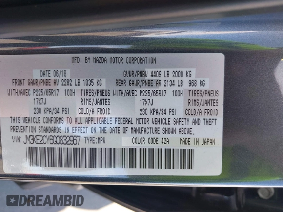 2016 Mazda CX-5 Touring with VIN JM3KE2CY6G0832967, listed as a IAAI auction lot 41943527 with 1 mi miles. Bid and sale history available at carsss.com. Image 9.