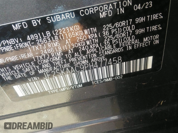 2023 Subaru Forester with VIN JF2SKAAC9PH477458, listed as a IAAI auction lot 41801238 with 2,557 mi miles and . Bid and sale history available at DreamBid. Image 9.