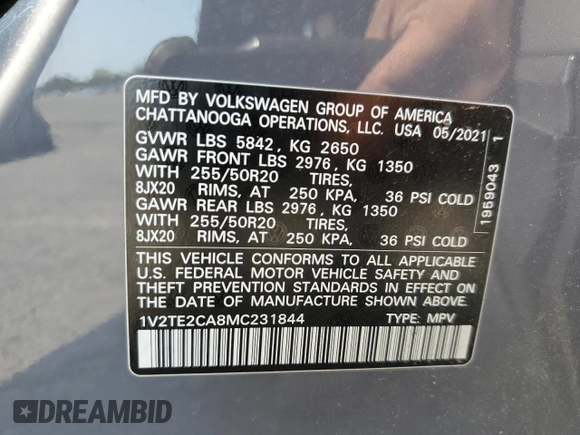 2021 Volkswagen Atlas SEL Premium с VIN 1V2TE2CA8MC231844, выставлен на аукционе Copart как лот 60800525 с пробегом 39 312 миль миль и Списание • Salvage title. История ставок и продаж доступна на DreamBid. Изображение 13.