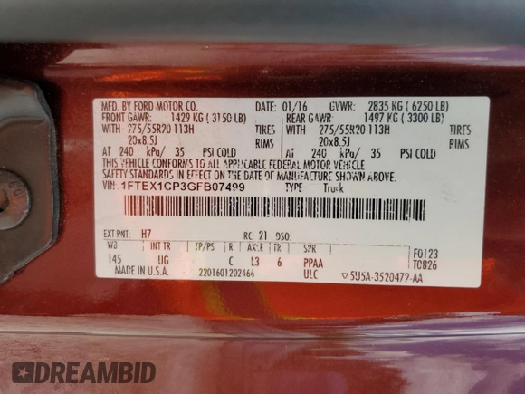 2016 Ford F-150 XL with VIN 1FTEX1CP3GFB07499, listed as a Copart auction lot 61223825 with 149,979 mi miles and Salvage title. Bid and sale history available at DreamBid. Image 12.