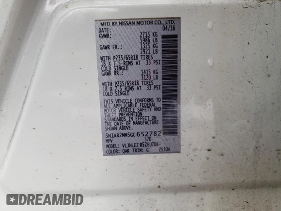 2016 Nissan Pathfinder SV with VIN 5N1AR2MM5GC652782, listed as a Copart auction lot 48289305 with 117,667 mi miles and Salvage Title. Bid and sale history available at carsss.com. Image 15.