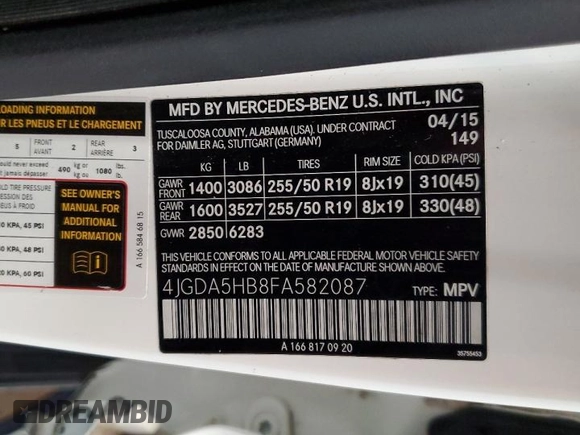 2015 Mercedes-Benz M 350 with VIN 4JGDA5HB8FA582087, listed as a Copart auction lot 62895635 with 95,928 mi miles and Salvage title. Bid and sale history available at DreamBid. Image 13.