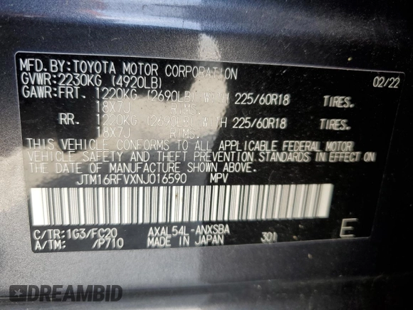 2022 Toyota RAV4 Hybrid SE with VIN JTM16RFVXNJ016590, listed as a Copart auction lot 56836825 with 55,091 mi miles and Salvage title. Bid and sale history available at DreamBid. Image 14.