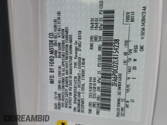 2020 Ford Fusion SEL z VIN 3FA6P0CD2LR154238, wystawiony jako Copart lot #60876945 z przebiegiem 44 692 mil mil oraz Szkoda całkowita • Salvage title. Historia ofert i sprzedaży dostępna na DreamBid. Obrazek 12.