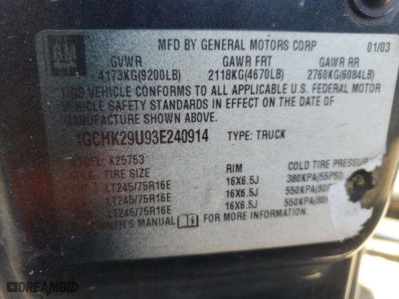2003 Chevrolet Silverado 2500HD LS with VIN 1GCHK29U93E240914, listed as a Copart auction lot 76568034 with 323,304 mi miles and Non Repairable. Bid and sale history available at carsss.com. Image 12.