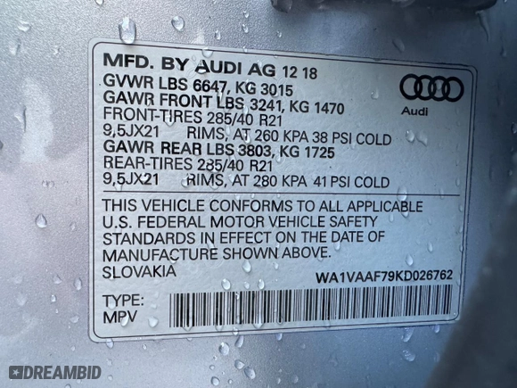 2019 Audi Q7 Prestige with VIN WA1VAAF79KD026762, listed as a Copart auction lot 53884365 with 109,866 mi miles and Clean Title. Bid and sale history available at carsss.com. Image 10.