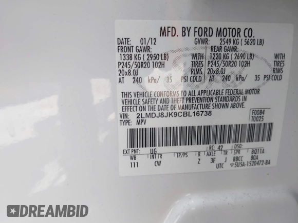 2012 Lincoln MKX with VIN 2LMDJ8JK9CBL16738, listed as a IAAI auction lot 42253064 with 147,719 mi miles and . Bid and sale history available at DreamBid. Image 9.
