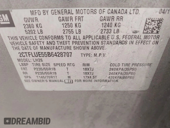 2011 GMC Terrain SLT-1 with VIN 2CTFLUE55B6428707, listed as a IAAI auction lot 41485999 with 101,071 mi miles and . Bid and sale history available at carsss.com. Image 9.