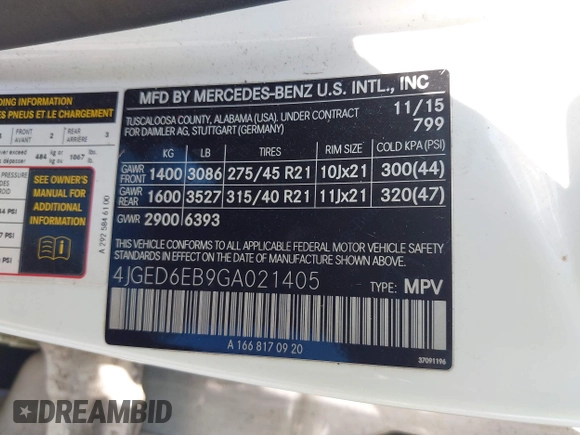 2016 Mercedes-Benz GLE 450 AMG with VIN 4JGED6EB9GA021405, listed as a IAAI auction lot 42376376 with 112,297 mi miles and . Bid and sale history available at DreamBid. Image 9.