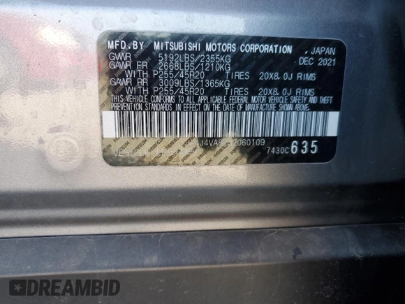 2022 Mitsubishi Outlander SEL z VIN JA4J4VA82NZ060109, wystawiony jako Copart lot #50175355 z przebiegiem 58 925 mil mil oraz Szkoda całkowita • Salvage title. Historia ofert i sprzedaży dostępna na DreamBid. Obrazek 15.