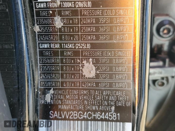 2012 Land Rover Range Rover Evoque Prestige Premium with VIN SALVV2BG4CH644581, listed as a Copart auction lot 44621225 with 103,728 mi miles and Salvage title. Bid and sale history available at DreamBid. Image 13.