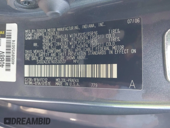 2006 Toyota Sienna CE with VIN 5TDZA23C16S530537, listed as a IAAI auction lot 41677756 with 199,509 mi miles and . Bid and sale history available at DreamBid. Image 9.