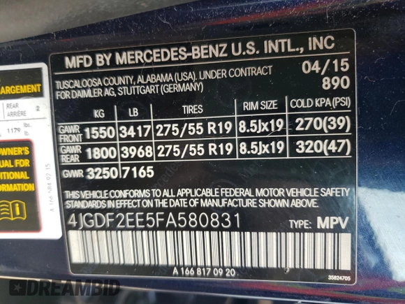 2015 Mercedes-Benz GL-Class GL 350 BlueTEC with VIN 4JGDF2EE5FA580831, listed as a Copart auction lot 59689613 with 116,899 mi miles. Bid and sale history available at carsss.com. Image 13.