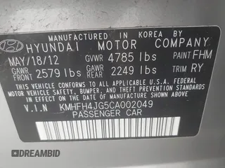 2012 Hyundai Azera with VIN KMHFH4JG5CA002049, listed as a IAAI auction lot 42164271 with 190,980 mi miles. Bid and sale history available at carsss.com. Image 9.