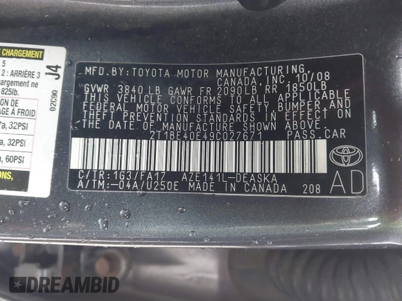 2009 Toyota Corolla XRS with VIN 2T1BE40E49C027671, listed as a IAAI auction lot 41754617 with 159,569 mi miles. Bid and sale history available at carsss.com. Image 9.