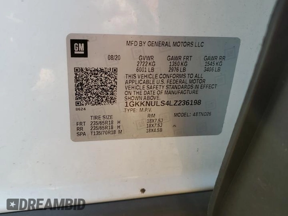 2020 GMC Acadia SLT with VIN 1GKKNULS4LZ236198, listed as a Copart auction lot 48355845 with 79,647 mi miles and Salvage Title. Bid and sale history available at DreamBid. Image 12.