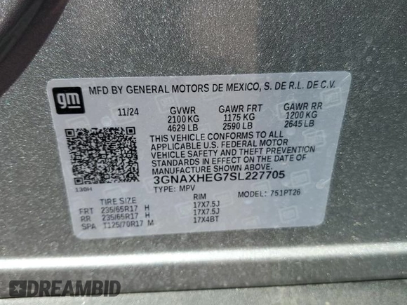 2025 Chevrolet Equinox FWD LT with VIN 3GNAXHEG7SL227705, listed as a Copart auction lot 54619805 with 8,415 mi miles and Clean Title. Bid and sale history available at DreamBid. Image 14.