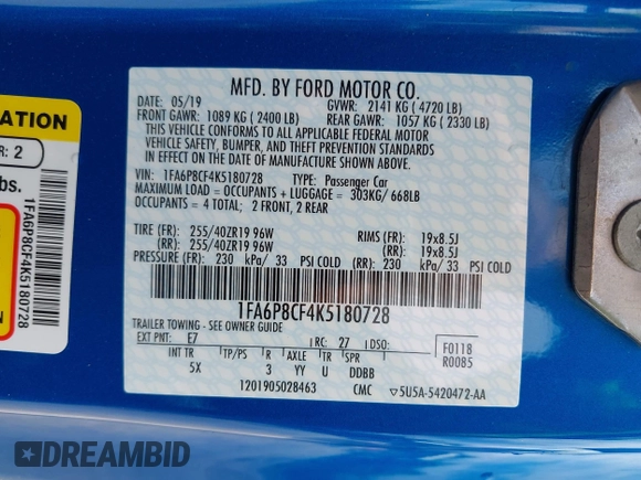 2019 Ford Mustang GT with VIN 1FA6P8CF4K5180728, listed as a IAAI auction lot 42250689 with 9,135 mi miles and . Bid and sale history available at DreamBid. Image 9.