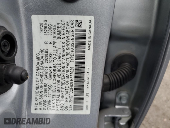 2020 Honda Civic Sedan LX with VIN 2HGFC2F62LH577025, listed as a Copart auction lot 86735254 with 30,966 mi miles and Salvage Title. Bid and sale history available at carsss.com. Image 12.