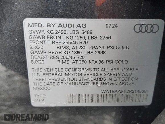 2024 Audi Q5 S line Premium Plus with VIN WA1EAAFY2R2145381, listed as a Copart auction lot 55919225 with Not provided miles and Salvage title. Bid and sale history available at DreamBid. Image 13.