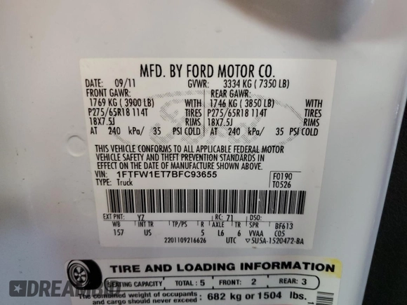 2011 Ford F-150 XLT with VIN 1FTFW1ET7BFC93655, listed as a Copart auction lot 56787545 with 172,479 mi miles and Clean title. Bid and sale history available at DreamBid. Image 12.