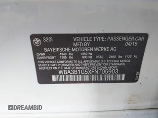 2015 BMW 3 Series 320i with VIN WBA3B1G5XFNT05903, listed as a IAAI auction lot 42063574 with Not Provided miles. Bid and sale history available at carsss.com. Image 9.