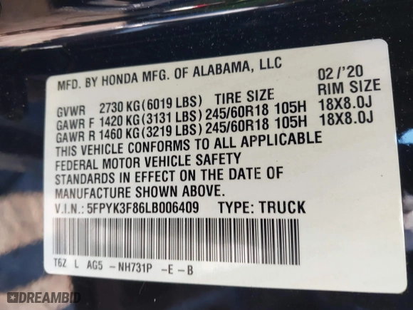 2020 Honda Ridgeline Black Edition with VIN 5FPYK3F86LB006409, listed as a IAAI auction lot 41434341 with 20,921 mi miles. Bid and sale history available at carsss.com. Image 9.