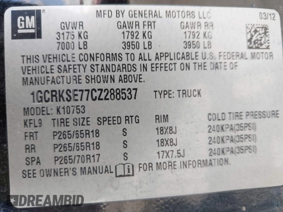 2012 Chevrolet Silverado 1500 LT with VIN 1GCRKSE77CZ288537, listed as a IAAI auction lot 42164788 with 229,031 mi miles. Bid and sale history available at carsss.com. Image 9.