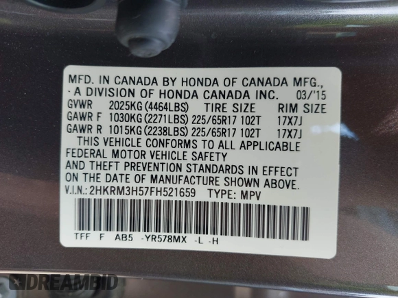 2015 Honda CR-V EX with VIN 2HKRM3H57FH521659, listed as a IAAI auction lot 41876064 with 98,420 mi miles and . Bid and sale history available at carsss.com. Image 9.