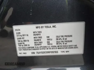 2024 Tesla Model Y с VIN 7SAYGDED9RF092955, выставлен на аукционе IAAI как лот 42757539 с пробегом 6 385 миль миль и . История ставок и продаж доступна на DreamBid. Изображение 9.
