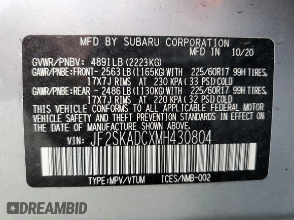 2021 Subaru Forester with VIN JF2SKADCXMH430804, listed as a Copart auction lot 55349985 with 45,167 mi miles and Salvage title. Bid and sale history available at DreamBid. Image 14.