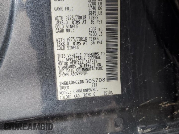 2013 Nissan Titan Pro-4X with VIN 1N6BA0EC2DN305708, listed as a Copart auction lot 45329275 with 68,636 mi miles and Salvage title. Bid and sale history available at DreamBid. Image 12.