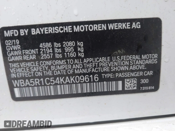 2019 BMW 3 Series 330i with VIN WBA5R1C54KAK09616, listed as a IAAI auction lot 41708353 with 46,277 mi miles and . Bid and sale history available at DreamBid. Image 9.