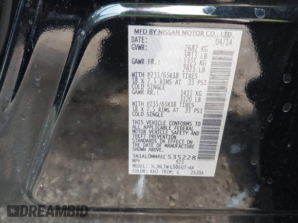 2014 Infiniti QX60 with VIN 5N1AL0MM4EC535228, listed as a IAAI auction lot 41900787 with 72,189 mi miles and . Bid and sale history available at carsss.com. Image 9.