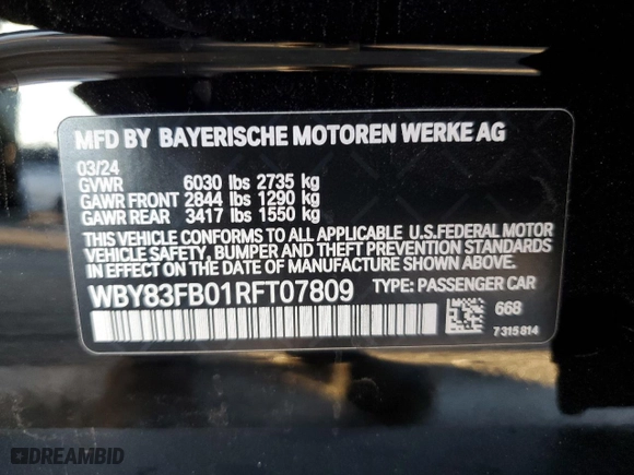 2024 BMW i4 xDrive40 with VIN WBY83FB01RFT07809, listed as a Copart auction lot 79956674 with NaN miles and Salvage Title. Bid and sale history available at carsss.com. Image 13.