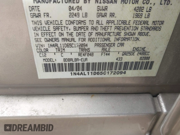 2005 Nissan Altima 2.5 S with VIN 1N4AL11D65C172094, listed as a IAAI auction lot 42115492 with 156,703 mi miles. Bid and sale history available at carsss.com. Image 9.