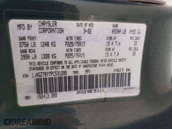 1993 Jeep Grand Cherokee Limited z VIN 1J4GZ78Y7PC531299, wystawiony jako IAAI lot #42117795 z przebiegiem 168 995 mil mil oraz . Historia ofert i sprzedaży dostępna na DreamBid. Obrazek 9.