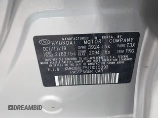 2020 Hyundai Elantra Value Edition z VIN KMHD84LF5LU015393, wystawiony jako IAAI lot #41510766 z przebiegiem 46 452 mil mil oraz . Historia ofert i sprzedaży dostępna na DreamBid. Obrazek 9.