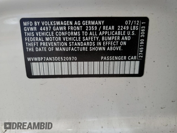 2013 Volkswagen CC R-Line with VIN WVWBP7AN3DE520970, listed as a Copart auction lot 46055334 with 75,278 mi miles and Salvage Title. Bid and sale history available at carsss.com. Image 12.