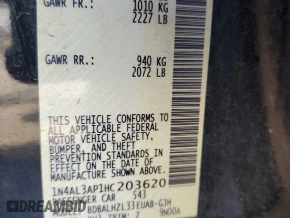 2017 Nissan Altima SR with VIN 1N4AL3AP1HC203620, listed as a Copart auction lot 73245264 with 95,238 mi miles and Salvage title. Bid and sale history available at DreamBid. Image 12.