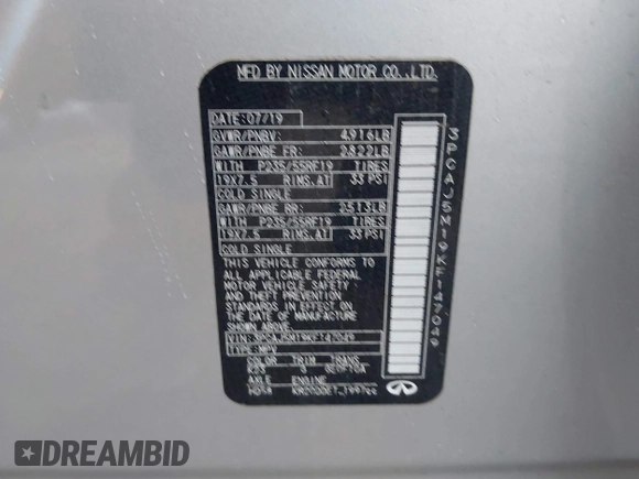 2019 Infiniti QX50 Essential with VIN 3PCAJ5M19KF147049, listed as a IAAI auction lot 41428298 with 68,586 mi miles and . Bid and sale history available at DreamBid. Image 9.