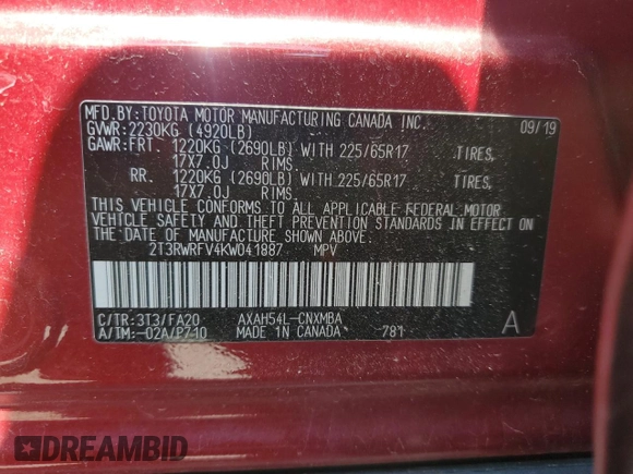 2019 Toyota RAV4 Hybrid XLE with VIN 2T3RWRFV4KW041887, listed as a Copart auction lot 50651875 with 67,927 mi miles and Salvage Title. Bid and sale history available at carsss.com. Image 12.