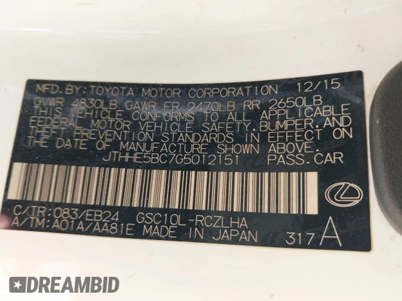 2016 Lexus RC 350 F Sport with VIN JTHHE5BC7G5012151, listed as a IAAI auction lot 42203359 with 124,389 mi miles and . Bid and sale history available at DreamBid. Image 9.